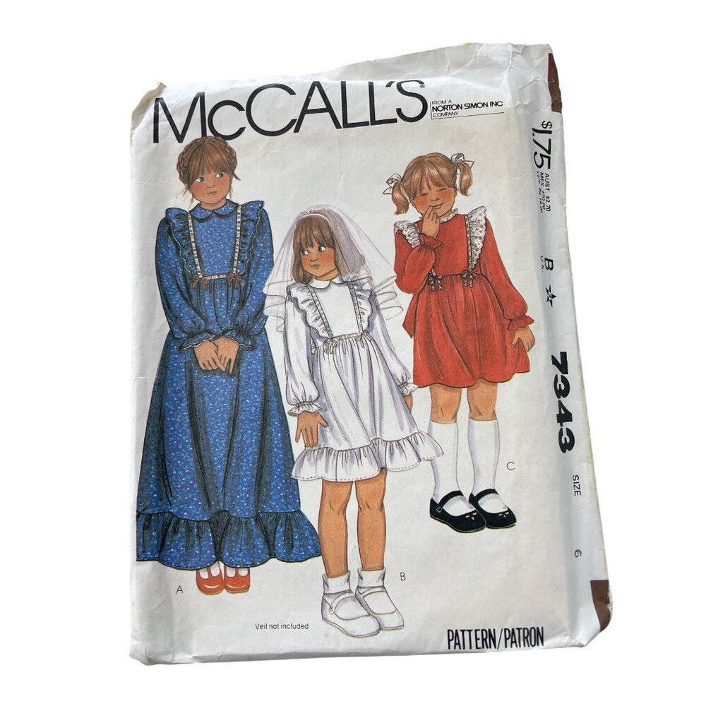 80s McCalls 7343 Girls Dress Sewing Pattern Size 6 Vintage 1980 Dressmaking CUT